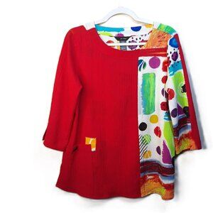 Ali Miles Colorful Abstract Colorblock 3/4 Sleeve Top M Artsy Boho Lagenlook